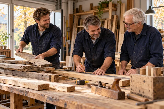 Illustration af tre mænd, der samarbejder om genbrugstræ ved et værkstedsbord.
