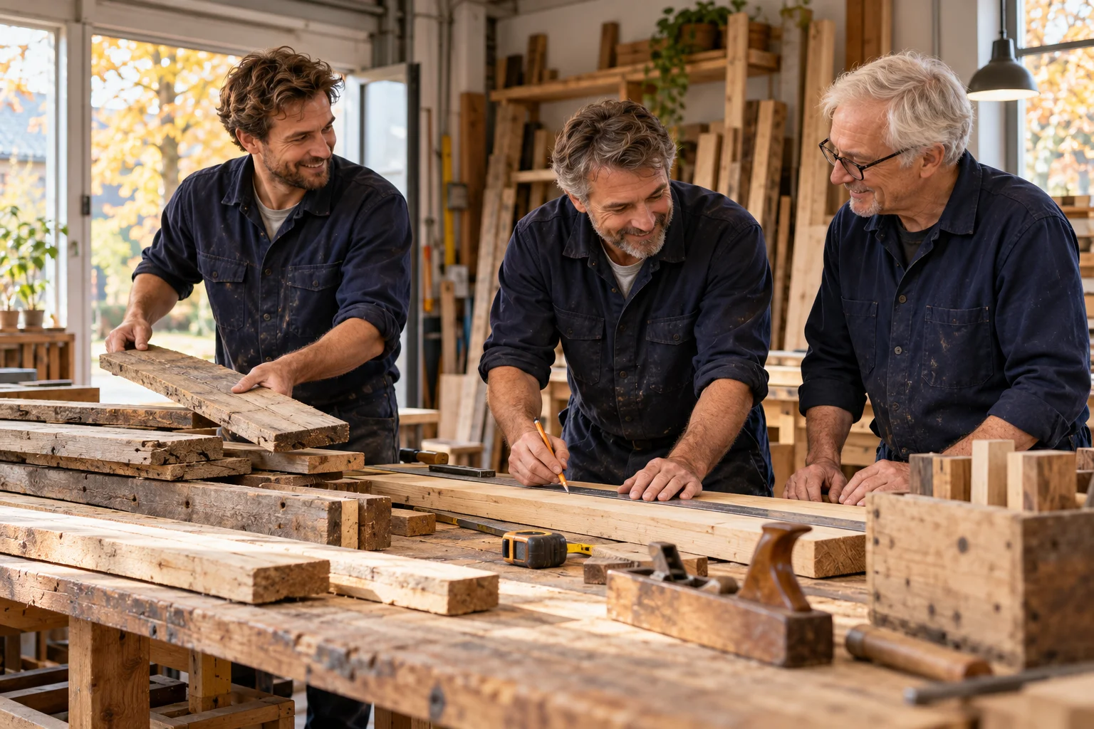 Illustration af tre mænd, der samarbejder om genbrugstræ ved et værkstedsbord.