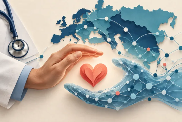 Illustration af en lægehånd, et stetoskop og et digitalt netværk omkring et hjerte.