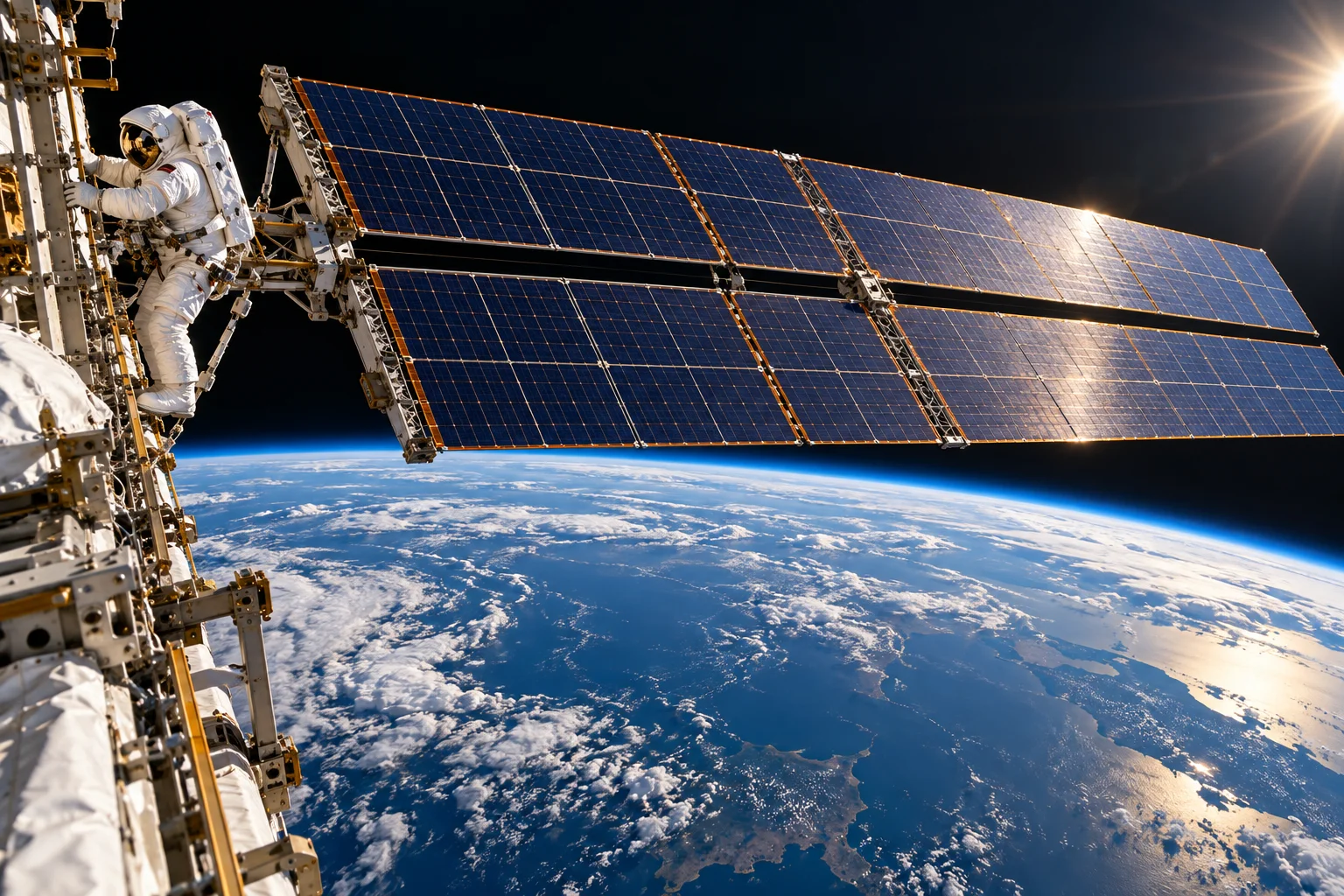 Illustration af en astronaut ved et solpanel og rumstationens konstruktion over Jorden.