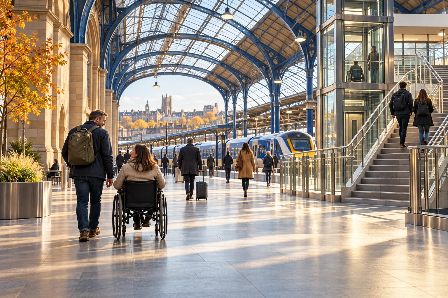 Illustration af en rummelig britisk stationshal med elevator og rejsende; motivet viser ikke det konkrete projekt i Leeds.