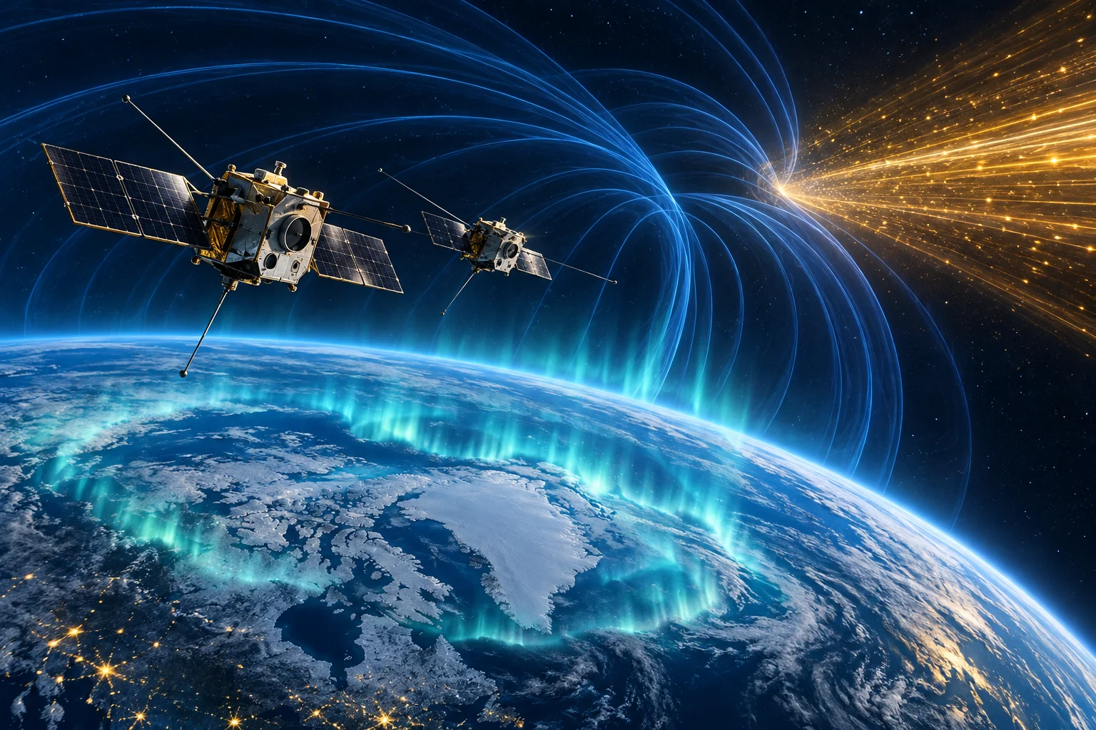 Illustration af to satellitter over Jorden med kunstnerisk gengivne magnetfeltlinjer og partikler fra Solen.