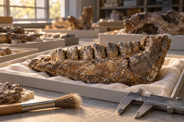 Konceptuel illustration af en fossil kæbe på et forskningsbord; ikke det konkrete Paludohadros-fossil.