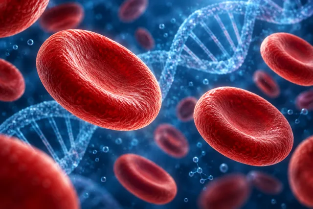 Konceptuel illustration af røde blodlegemer med en DNA-struktur i baggrunden.
