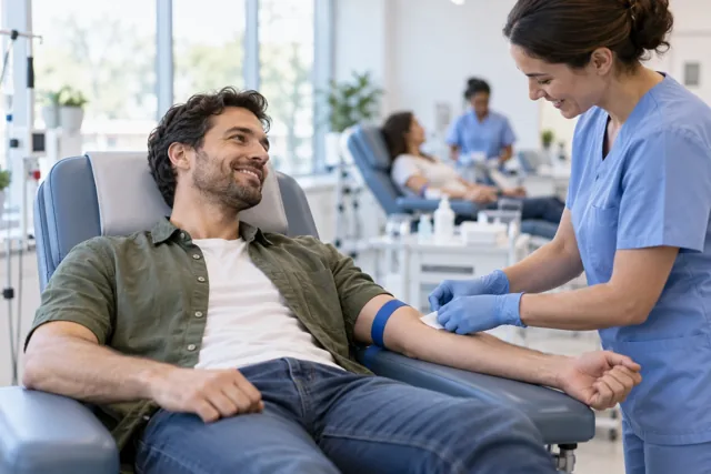 Illustration af frivillig bloddonation på en klinik